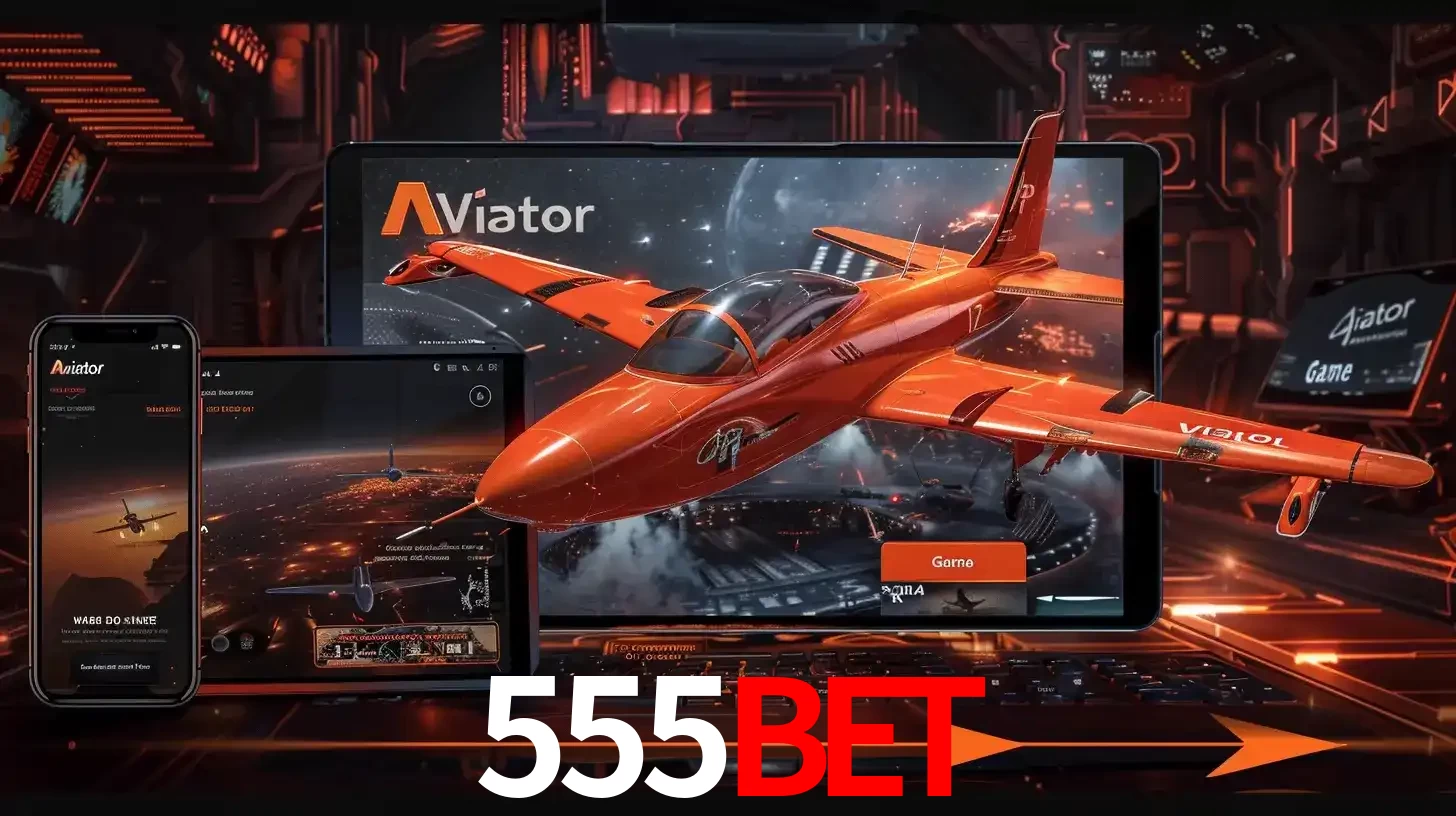 Apresentação tecnológica do jogo Aviator com um avião saindo da tela de um tablet, demonstrando a experiência imersiva em múltiplos dispositivos no 555BET.