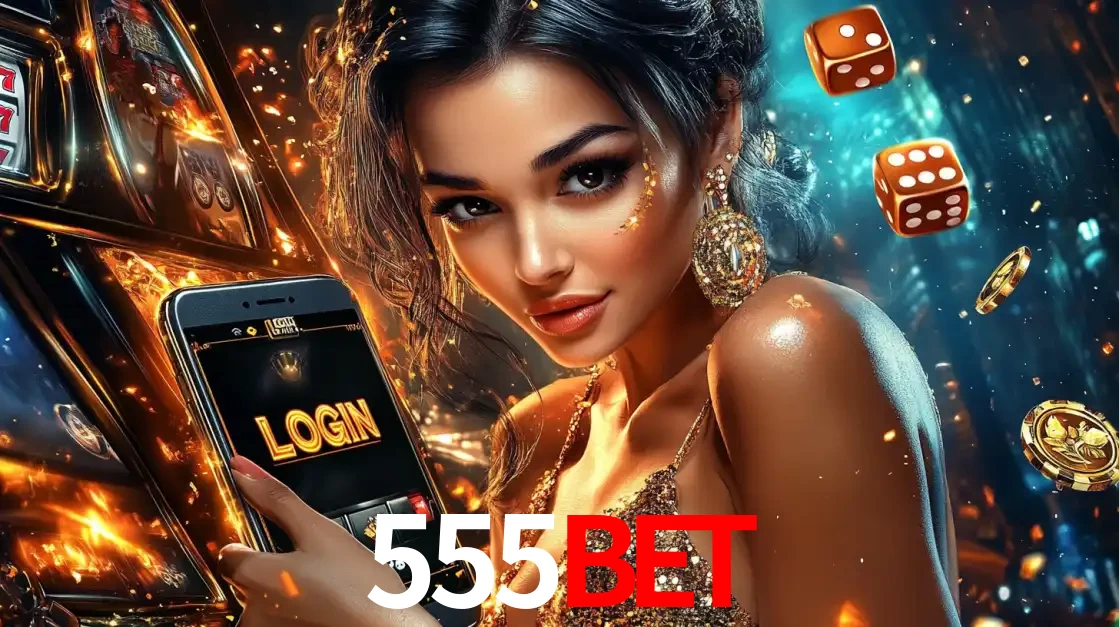Mulher glamourosa segurando um celular com a tela de login do cassino 555BET, rodeada por dados e moedas douradas, pronta para começar a diversão.