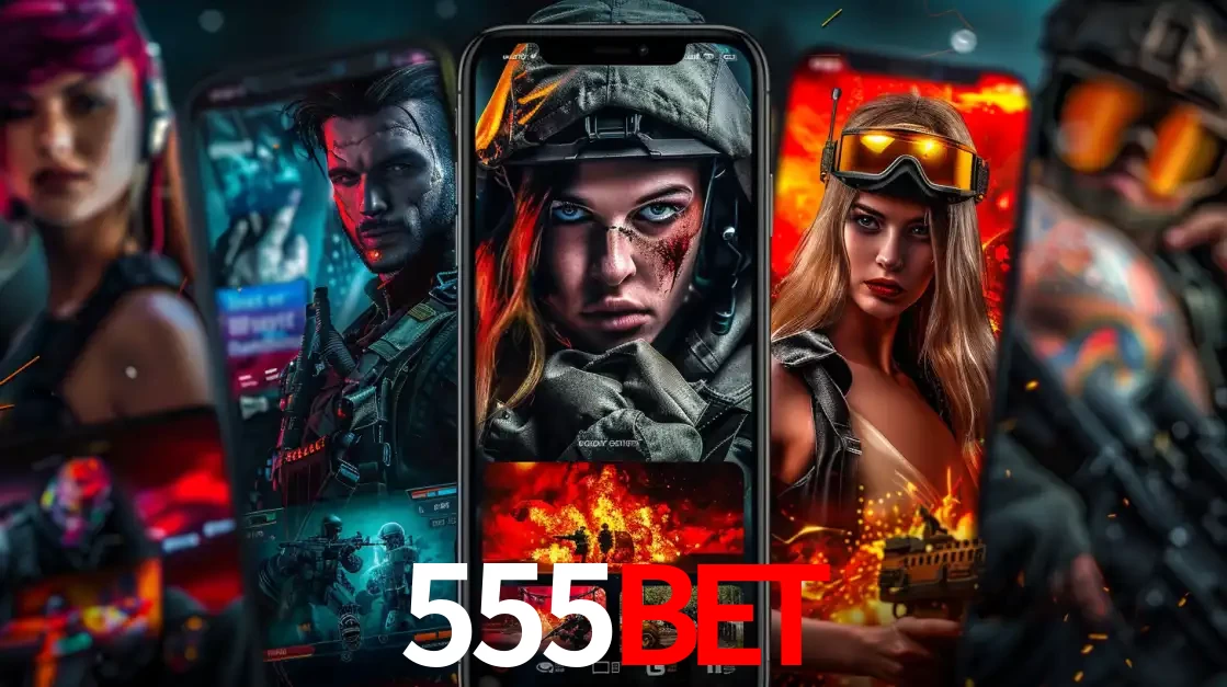 Montagem de telas de celular mostrando diversos personagens, masculinos e femininos, de um jogo de tiro, ilustrando a diversidade de equipes de e-sports para apostar no 555BET.