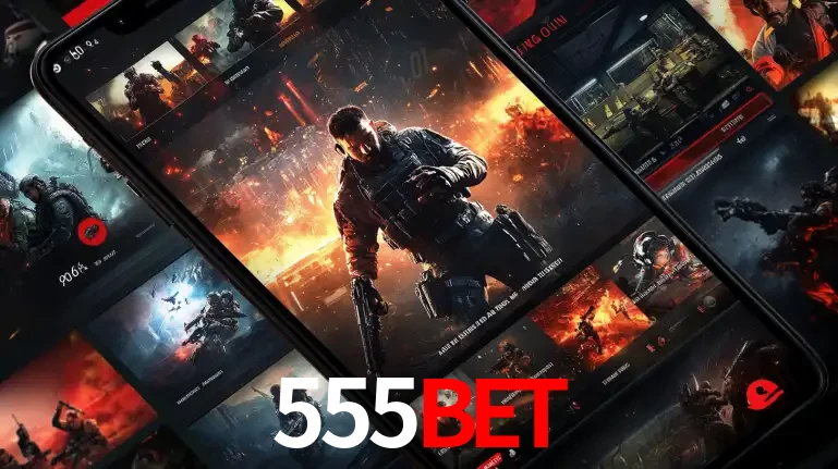 Tela de um celular exibindo uma galeria de jogos de tiro com temática militar, mostrando a variedade de e-sports disponíveis para apostas na plataforma de entretenimento 555BET.