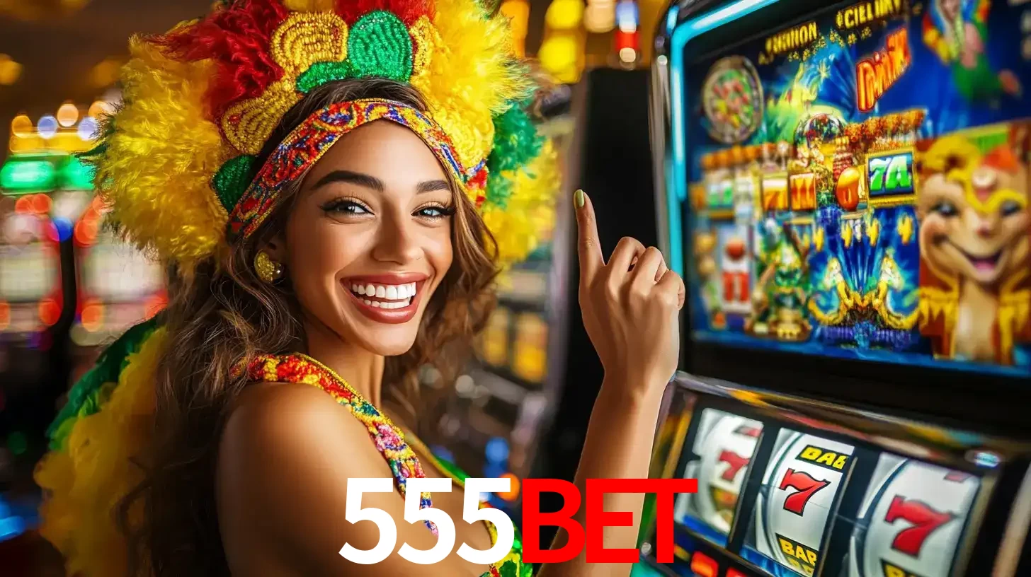 Mulher animada com um cocar de carnaval apontando para uma máquina de caça-níqueis, mostrando a emoção de ganhar um grande prêmio nos jogos do 555BET.