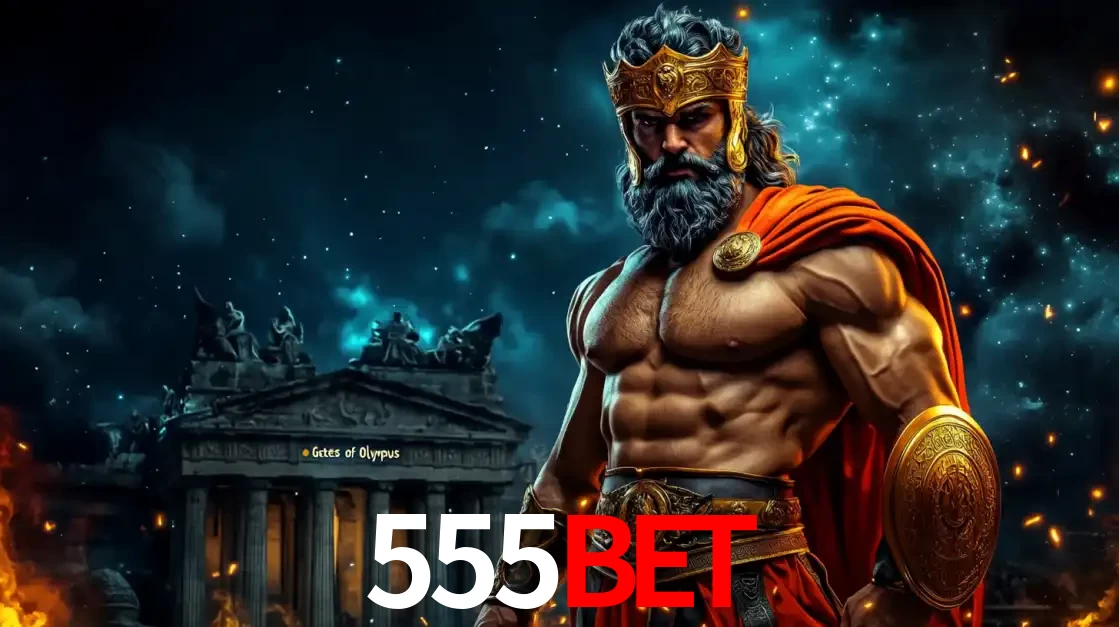 O poderoso Zeus do jogo de slot Gates of Olympus em frente ao seu templo, pronto para lançar multiplicadores divinos e prêmios épicos no cassino online 555BET.