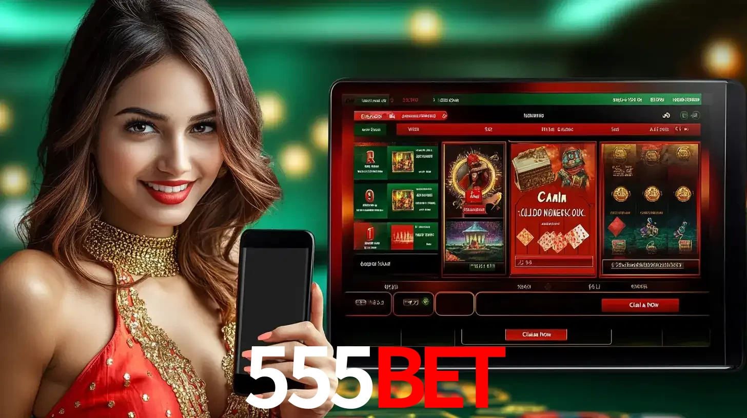 Mulher sorridente segurando um smartphone, ao lado de uma tela exibindo o lobby de jogos do cassino online 555BET, com várias opções de jogos de cartas e slots.